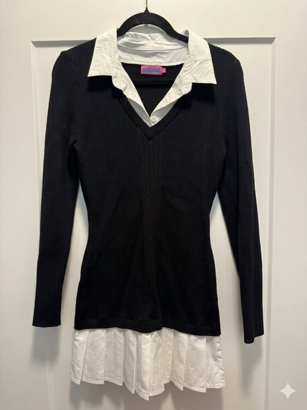 Edikted Black Ribbed Sweater Dress w Layered White Collar & Ruffle Xl. Like New!